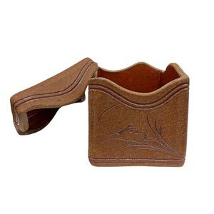 Antique handmade ceramic pottery box with lid from 1950s 
Brown color ceramic